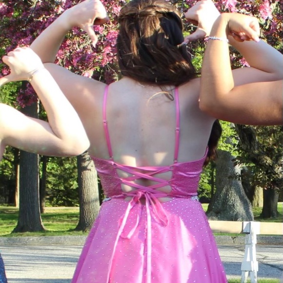 Prom Gown - Pink Full Length Lace-up back with Crystal bling worn once - Picture 5 of 13